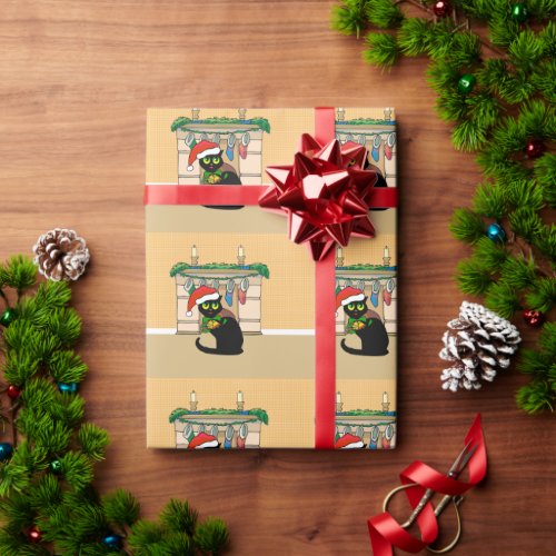 Cute Cartoon Christmas Cat with santa Hat Wrapping Paper