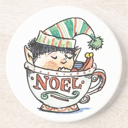 Cute Cartoon Christmas Elf Sleeping in a Tea Cup Drink Coaster
