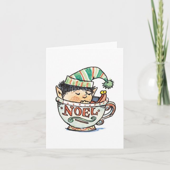 Cute Cartoon Christmas Elf Sleeping in a Tea Cup Holiday Card (Front)