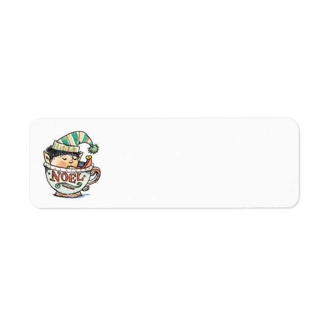 Cute Cartoon Christmas Elf Sleeping in a Tea Cup Label (Front)