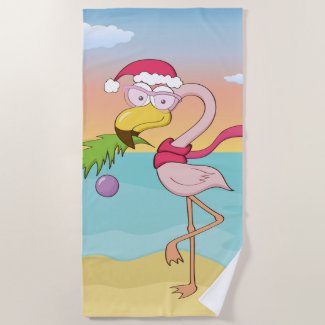 Cute cartoon Christmas flamingo on the beach