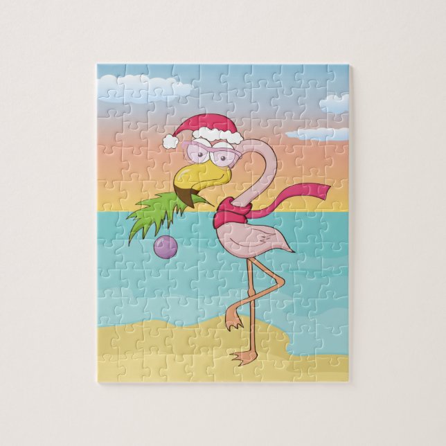 Cute cartoon Christmas flamingo on the beach Jigsaw Puzzle (Vertical)