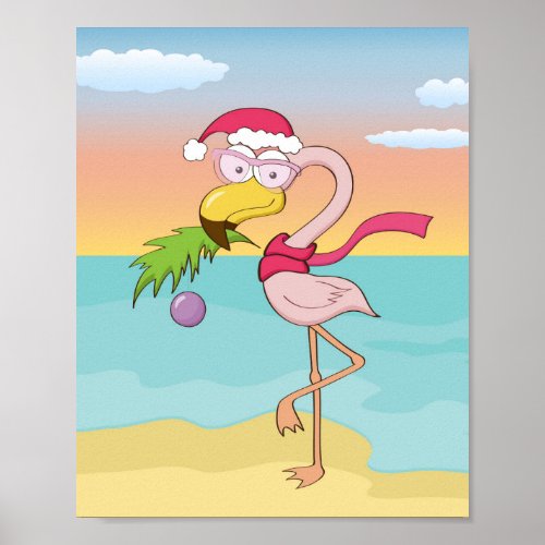 Cute cartoon Christmas flamingo on the beach Poster