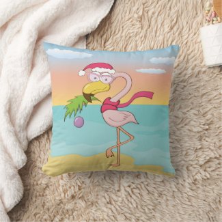 Cute cartoon Christmas flamingo on the beach