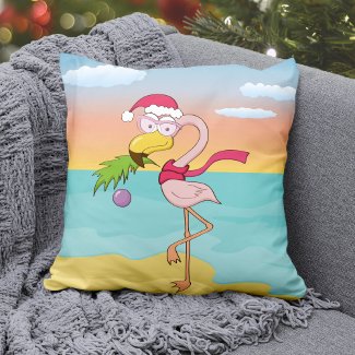 Cute cartoon Christmas flamingo on the beach