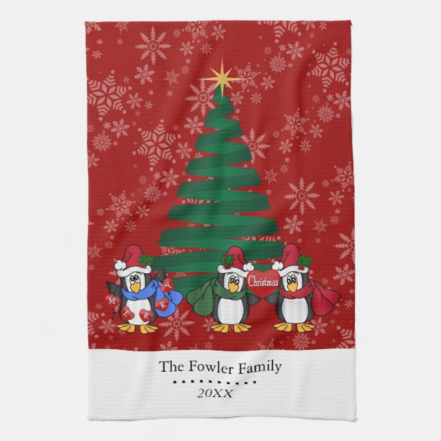 Cute Cartoon Christmas Penguins Kitchen Towel (Vertical)