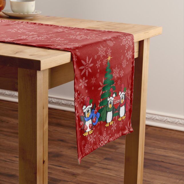 Cute Cartoon Christmas Penguins Short Table Runner (In Situ)
