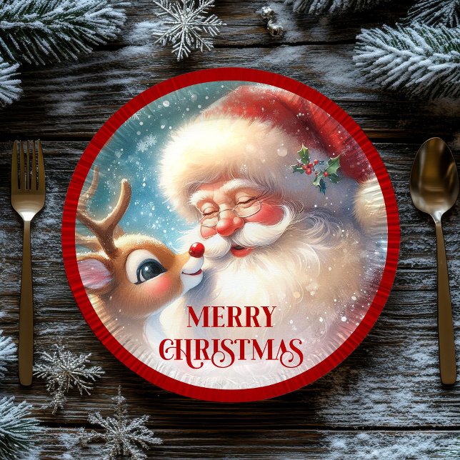Cute Cartoon Christmas Plates Santa and Rudolph (Cute Cartoon Christmas Plates Santa and Rudolph)