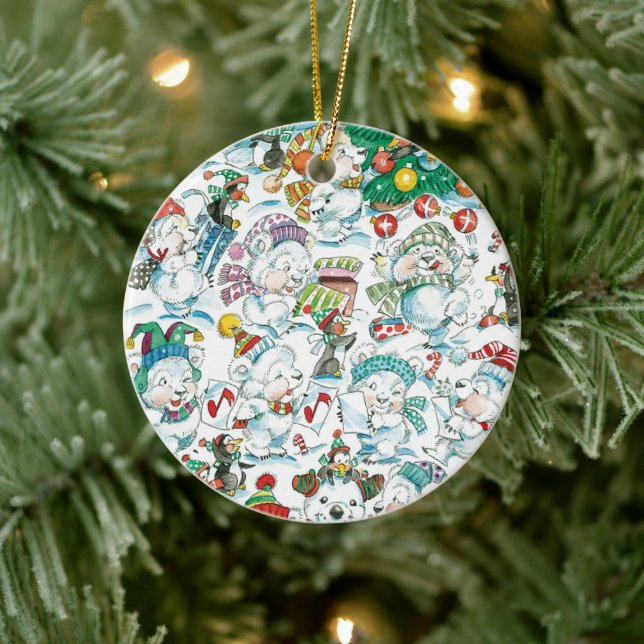 Cute Cartoon Christmas Polar Bear Penguin Party Ceramic Ornament (Tree)