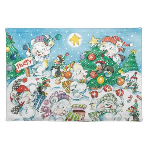 Cute Cartoon Christmas Polar Bear Penguin Party Cloth Placemat