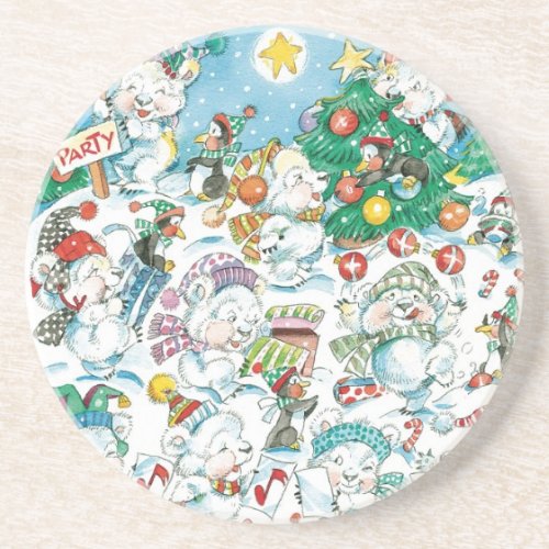 Cute Cartoon Christmas Polar Bear Penguin Party Drink Coaster