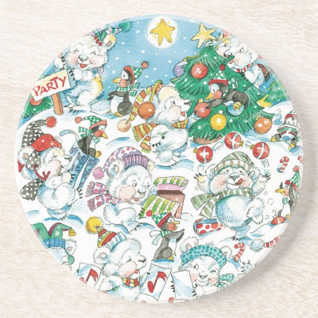 Cute Cartoon Christmas Polar Bear Penguin Party Drink Coaster (Front)