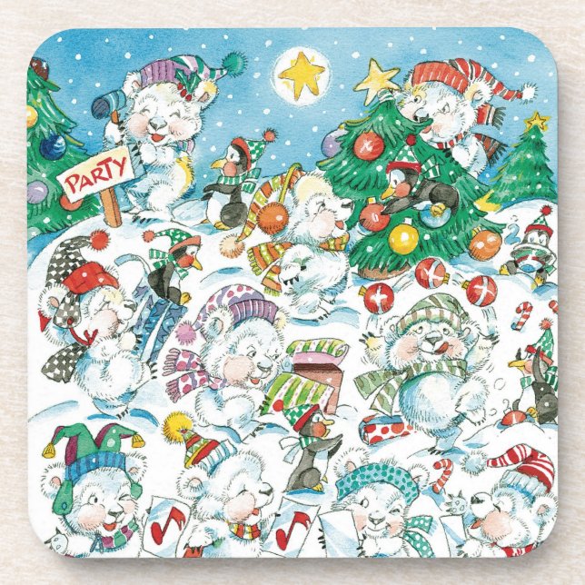 Cute Cartoon Christmas Polar Bear Penguin Party Drink Coaster (Front)