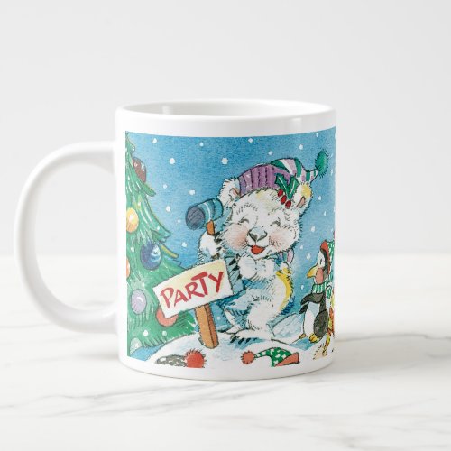 Cute Cartoon Christmas Polar Bear Penguin Party Giant Coffee Mug