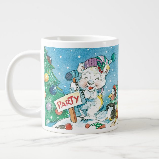 Cute Cartoon Christmas Polar Bear Penguin Party Giant Coffee Mug (Left)