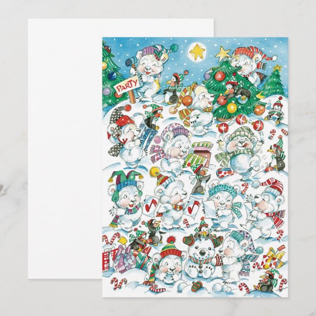 Cute Cartoon Christmas Polar Bear Penguin Party Invitation (Front/Back)