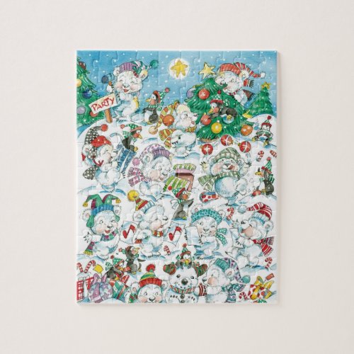 Cute Cartoon Christmas Polar Bear Penguin Party Jigsaw Puzzle