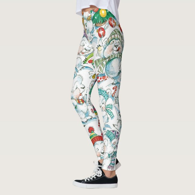 Cute Cartoon Christmas Polar Bear Penguin Party Leggings (Left)