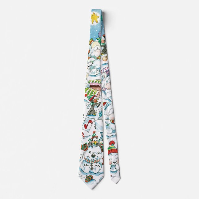 Cute Cartoon Christmas Polar Bear Penguin Party Neck Tie (Front)