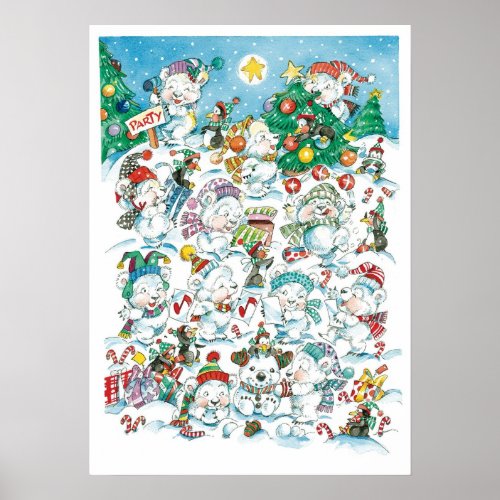 Cute Cartoon Christmas Polar Bear Penguin Party Poster
