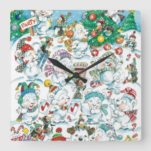 Cute Cartoon Christmas Polar Bear Penguin Party Square Wall Clock