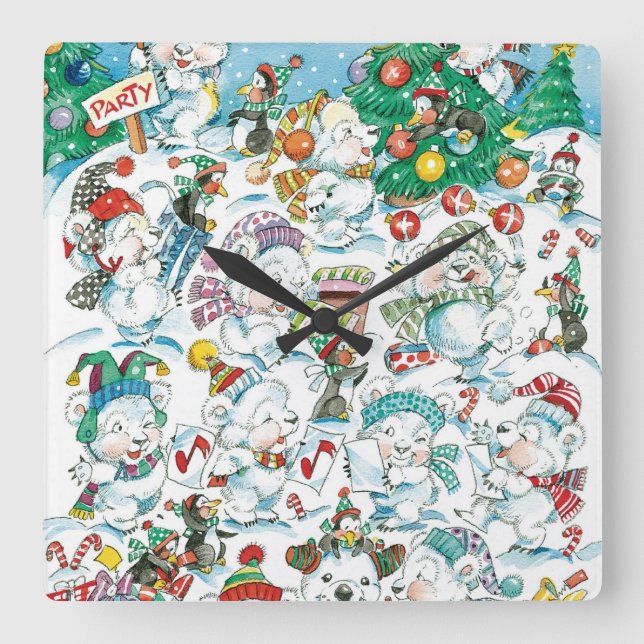 Cute Cartoon Christmas Polar Bear Penguin Party Square Wall Clock (Front)