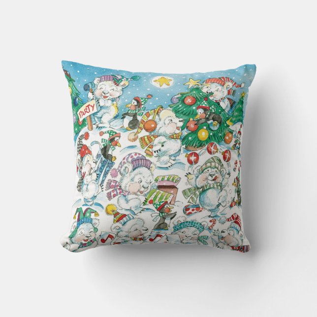Cute Cartoon Christmas Polar Bear Penguin Party Throw Pillow (Front)