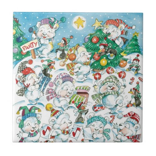 Cute Cartoon Christmas Polar Bear Penguin Party Tile