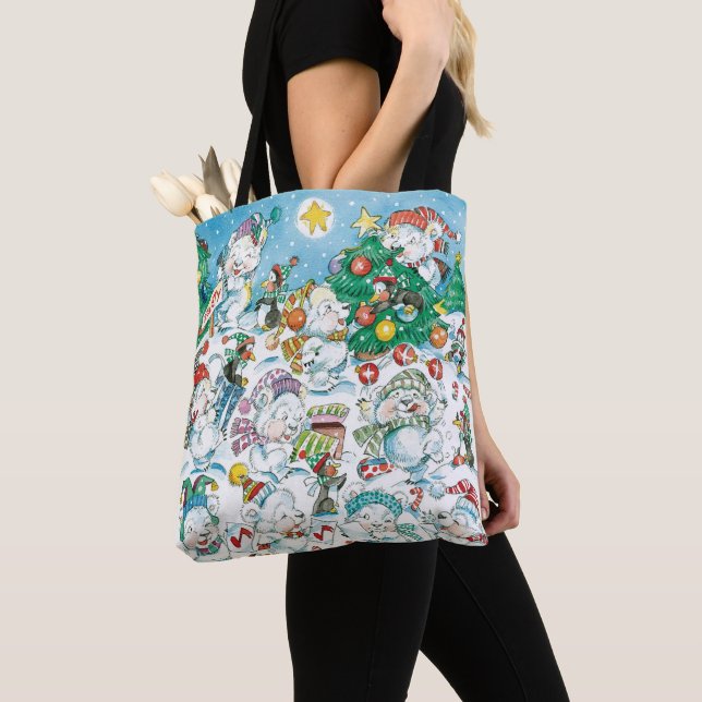 Cute Cartoon Christmas Polar Bear Penguin Party Tote Bag (Close Up)