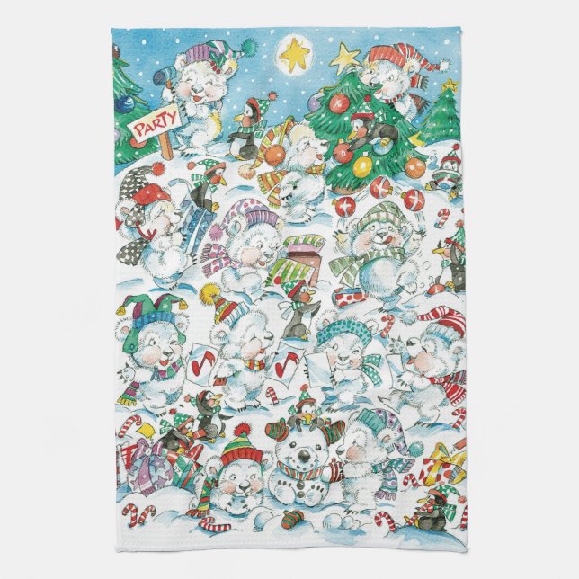 Cute Cartoon Christmas Polar Bear Penguin Party Towel (Vertical)