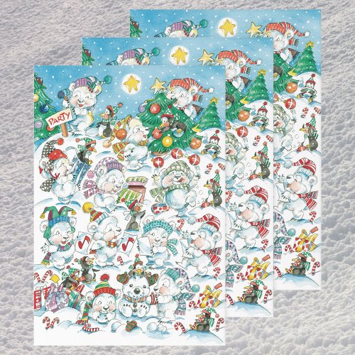 Cute Cartoon Christmas Polar Bear Penguin Party Wrapping Paper Sheets