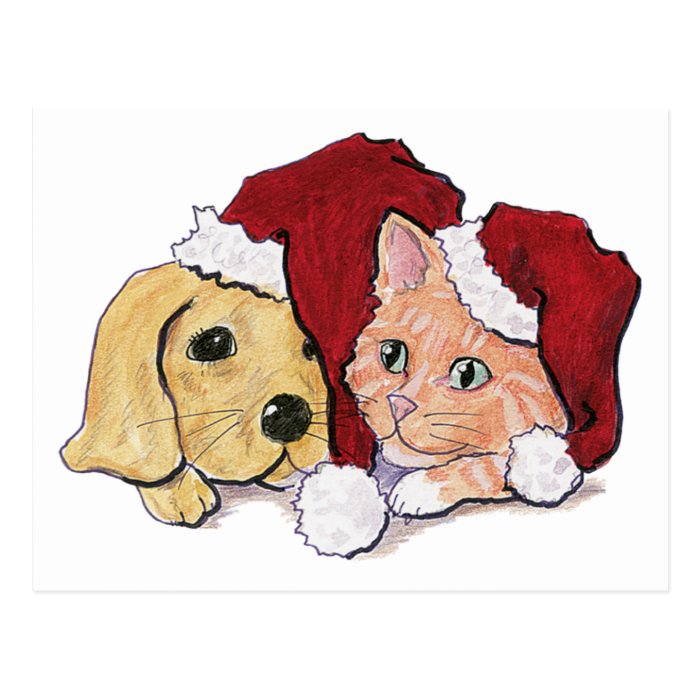 Cartoon Christmas, Cute Puppy Kitten Santa Hats Postcard