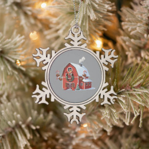 Cute Cartoon Christmas Red Barn - Festive Farm  Snowflake Pewter Christmas Ornament