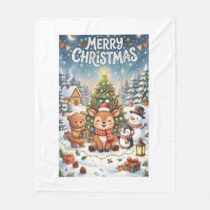 • Cute Cartoon Christmas Reindeer and Friends Wint Fleece Blanket