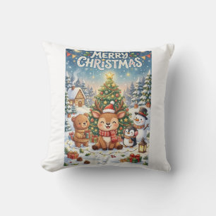 • Cute Cartoon Christmas Reindeer and Friends Wint Throw Pillow