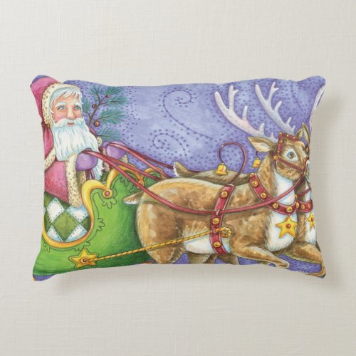 Cute Cartoon Christmas Santa Claus Sleigh Reindeer Accent Pillow