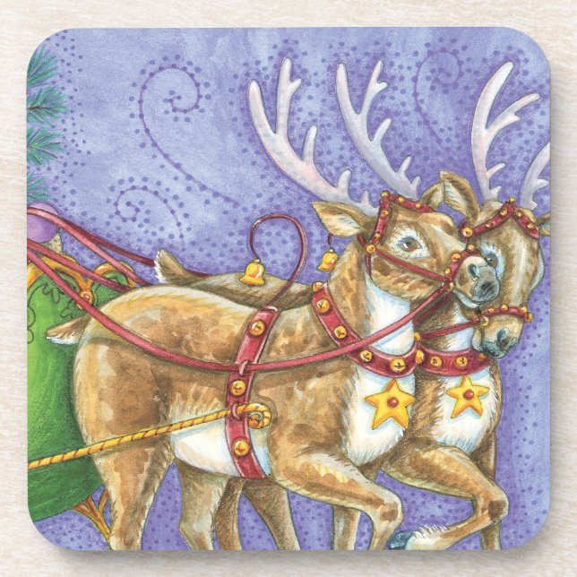 Cute Cartoon Christmas Santa Claus Sleigh Reindeer Beverage Coaster (Front)