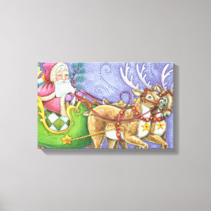 Cute Cartoon Christmas Santa Claus Sleigh Reindeer Canvas Print
