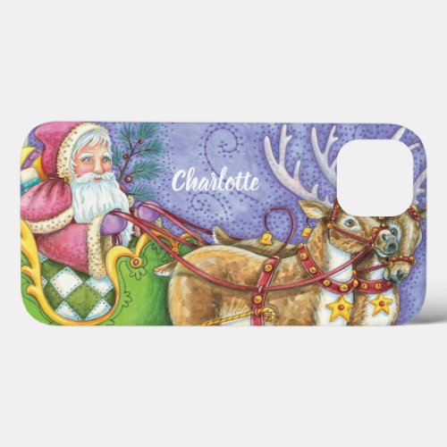 Cute Cartoon Christmas Santa Claus Sleigh Reindeer iPhone 13 Case