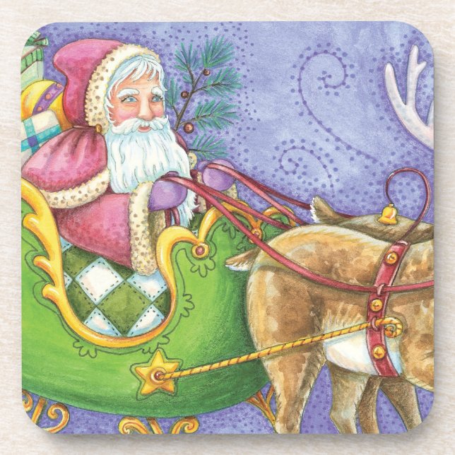 Cute Cartoon Christmas Santa Claus Sleigh Reindeer Coaster (Front)