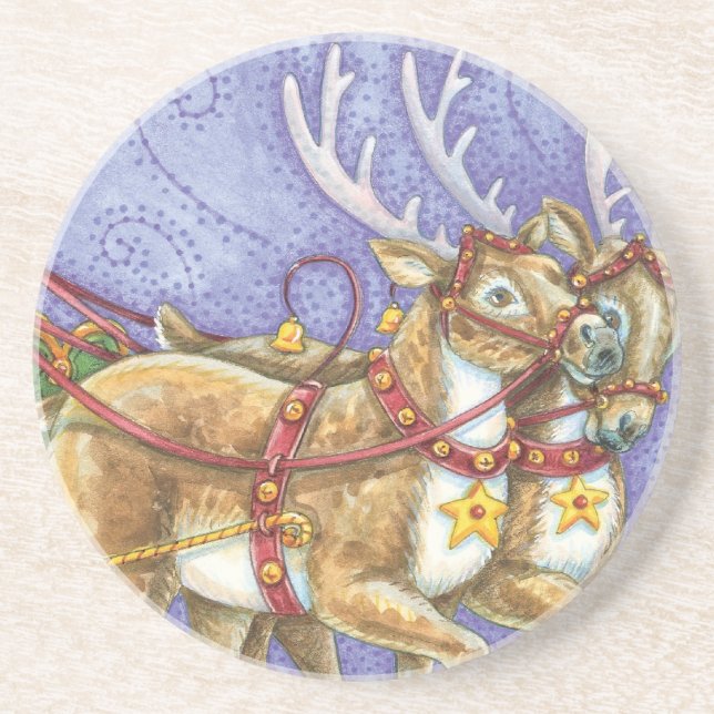 Cute Cartoon Christmas Santa Claus Sleigh Reindeer Drink Coaster (Front)