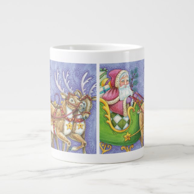 Cute Cartoon Christmas Santa Claus Sleigh Reindeer Giant Coffee Mug (Front)