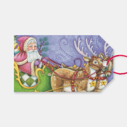 Cute Cartoon Christmas Santa Claus Sleigh Reindeer Gift Tags