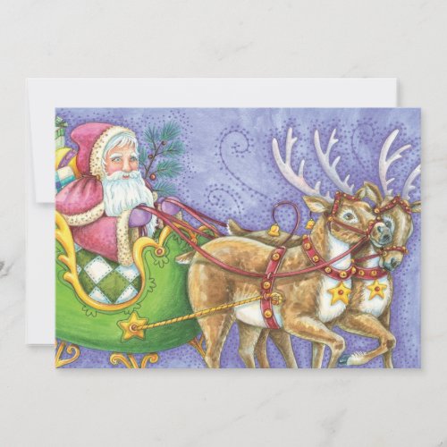 Cute Cartoon Christmas Santa Claus Sleigh Reindeer Holiday Card