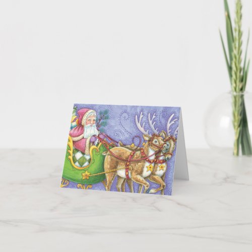 Cute Cartoon Christmas Santa Claus Sleigh Reindeer Holiday Card