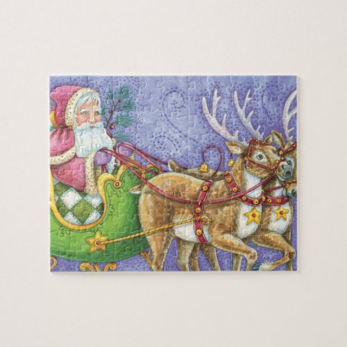 Cute Cartoon Christmas Santa Claus Sleigh Reindeer Jigsaw Puzzle