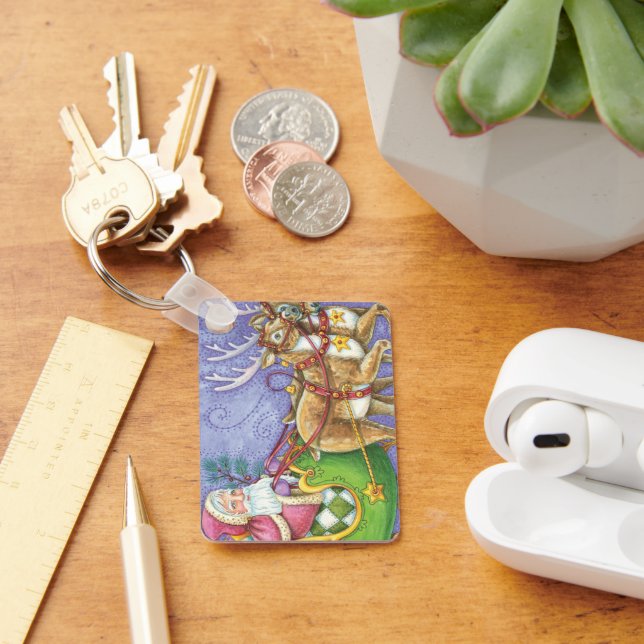 Cute Cartoon Christmas Santa Claus Sleigh Reindeer Keychain (Desk)