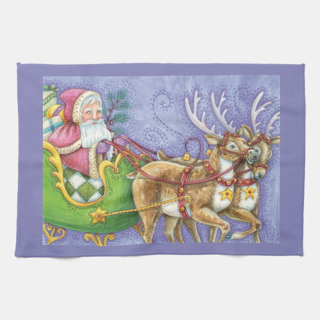 Cute Cartoon Christmas Santa Claus Sleigh Reindeer Kitchen Towel (Horizontal)