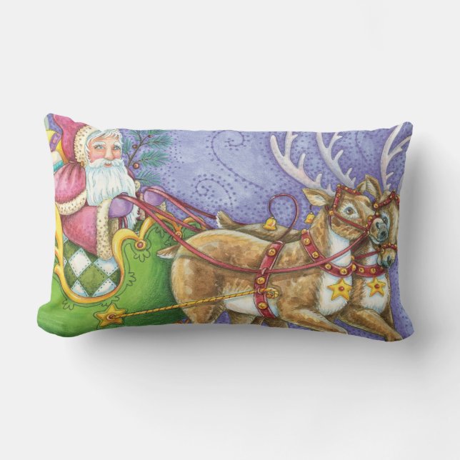 Cute Cartoon Christmas Santa Claus Sleigh Reindeer Lumbar Pillow (Front)