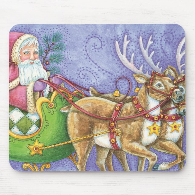 Cute Cartoon Christmas Santa Claus Sleigh Reindeer Mouse Pad (Front)